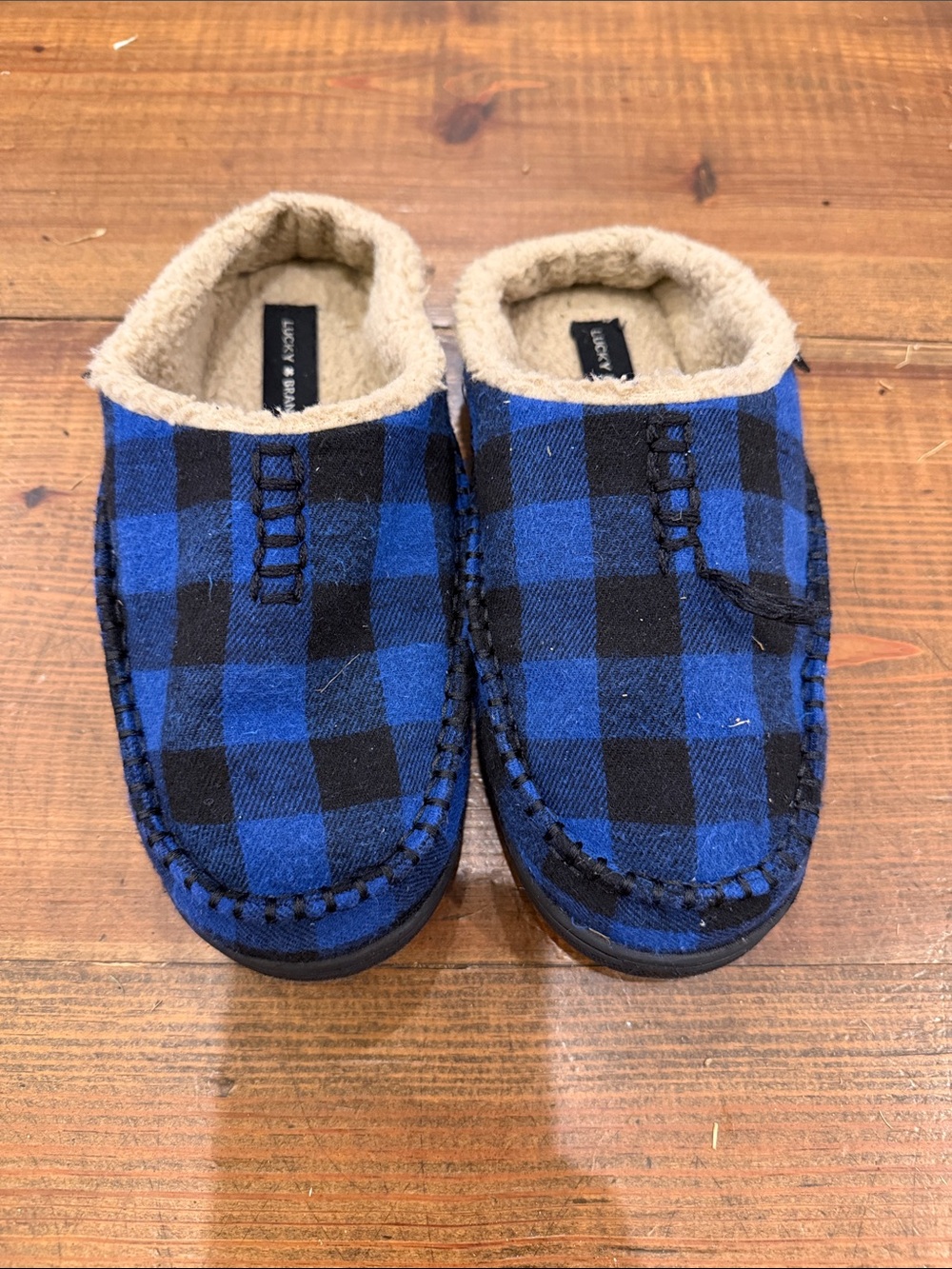 Lucky Brand Kids Blue and Black Plaid Cozy Moccasins